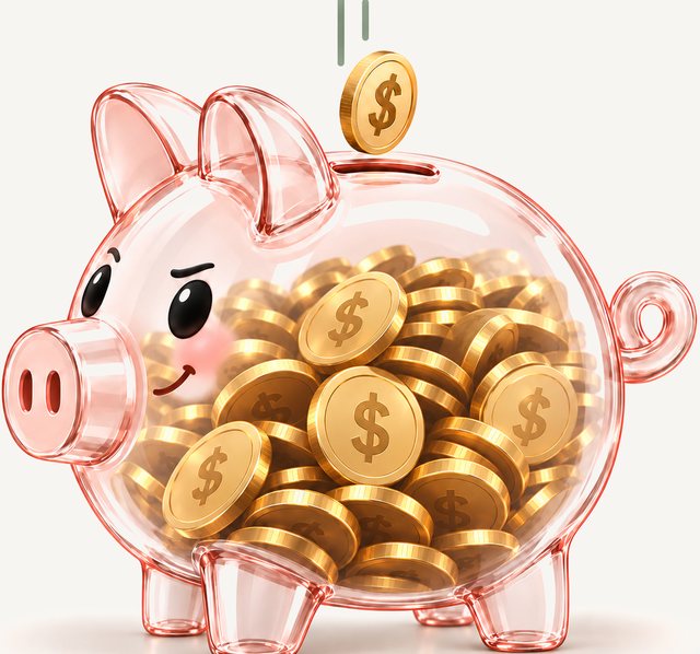 A glass piggy bank filling with coins