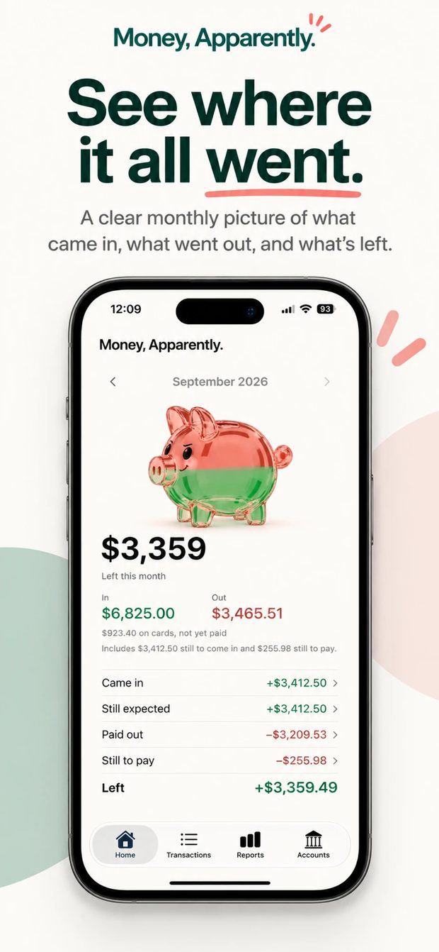The home screen: September 2026, $3,359 left this month, with came in, still expected, paid out and still to pay listed underneath.